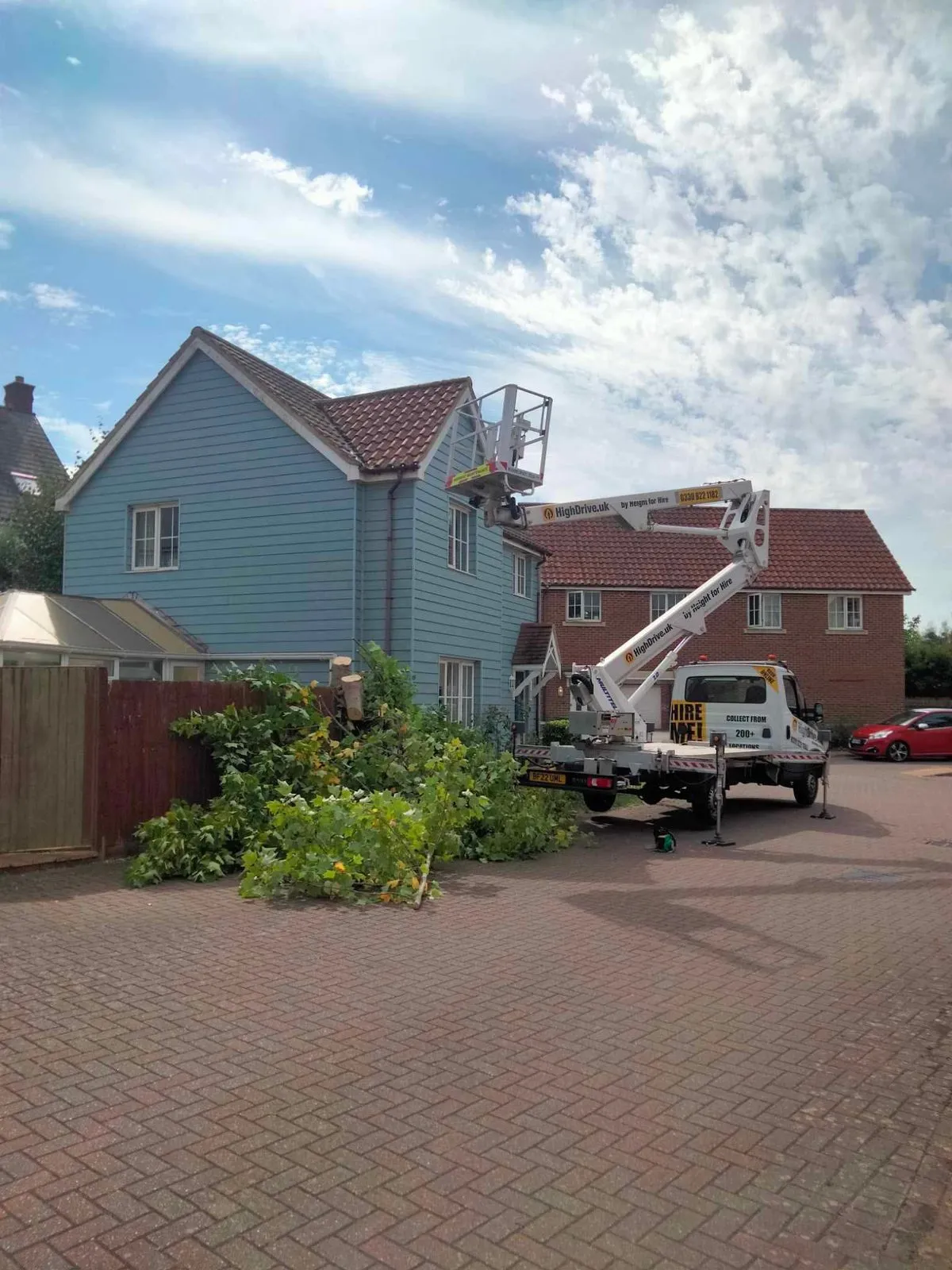 Scaffolding along a garden hedge during a trim, with clippings below